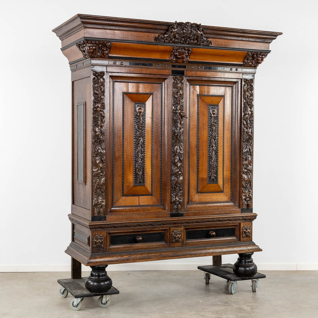 An antique 'Dutch pillow cabinet', ebonised wood, 19th C. (L:74 x W:182 x H:210 cm) - Image 3 of 20