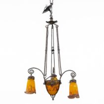 Muller Frres Luneville, a Pate De Verre chandelier, glass and wrought iron. (H:78 x D:45 cm)