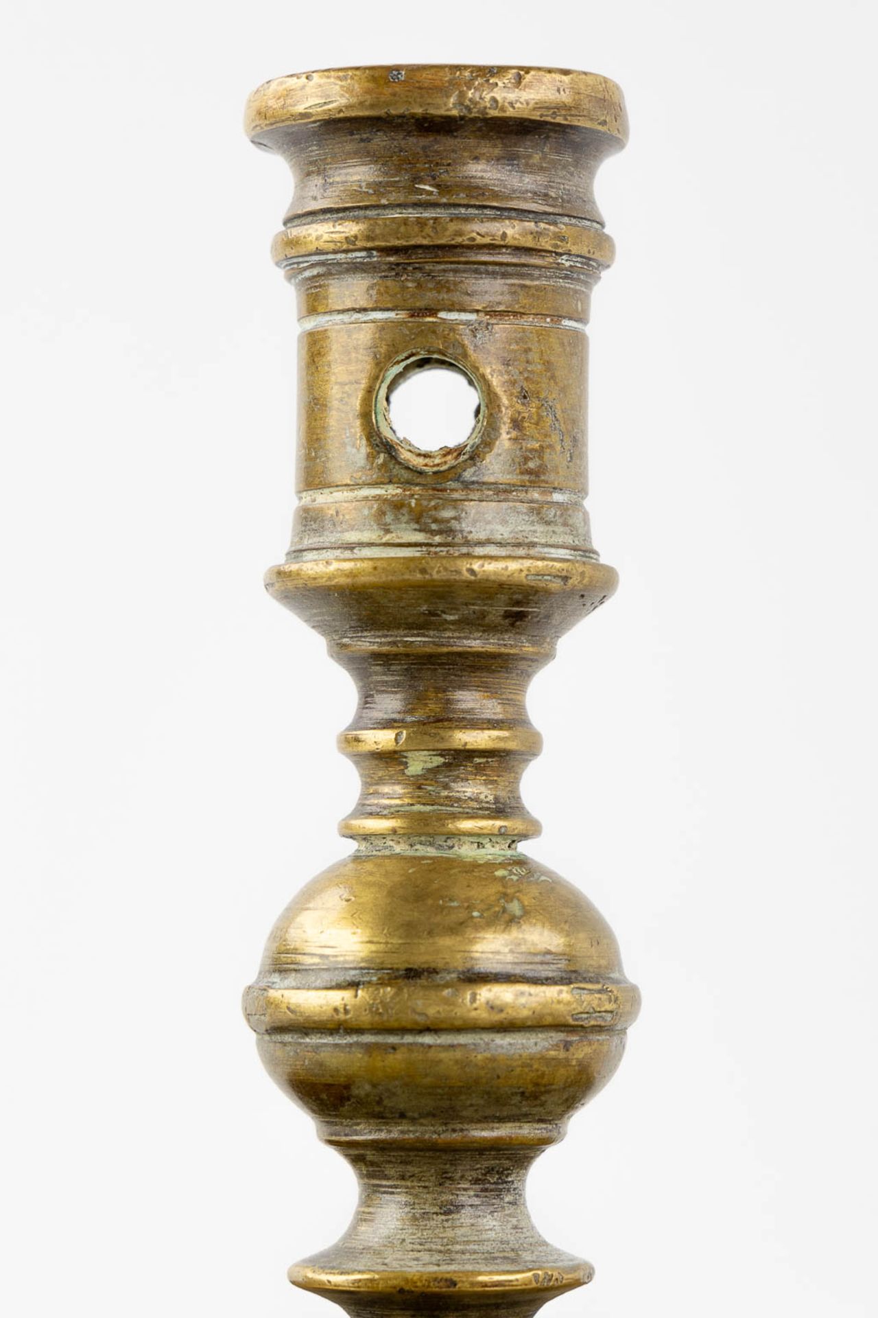 An antique 'Schijfkandelaar' bronze, Flanders. 18th C. Added a smaller, and later model. (H:22 x D:1 - Image 9 of 12