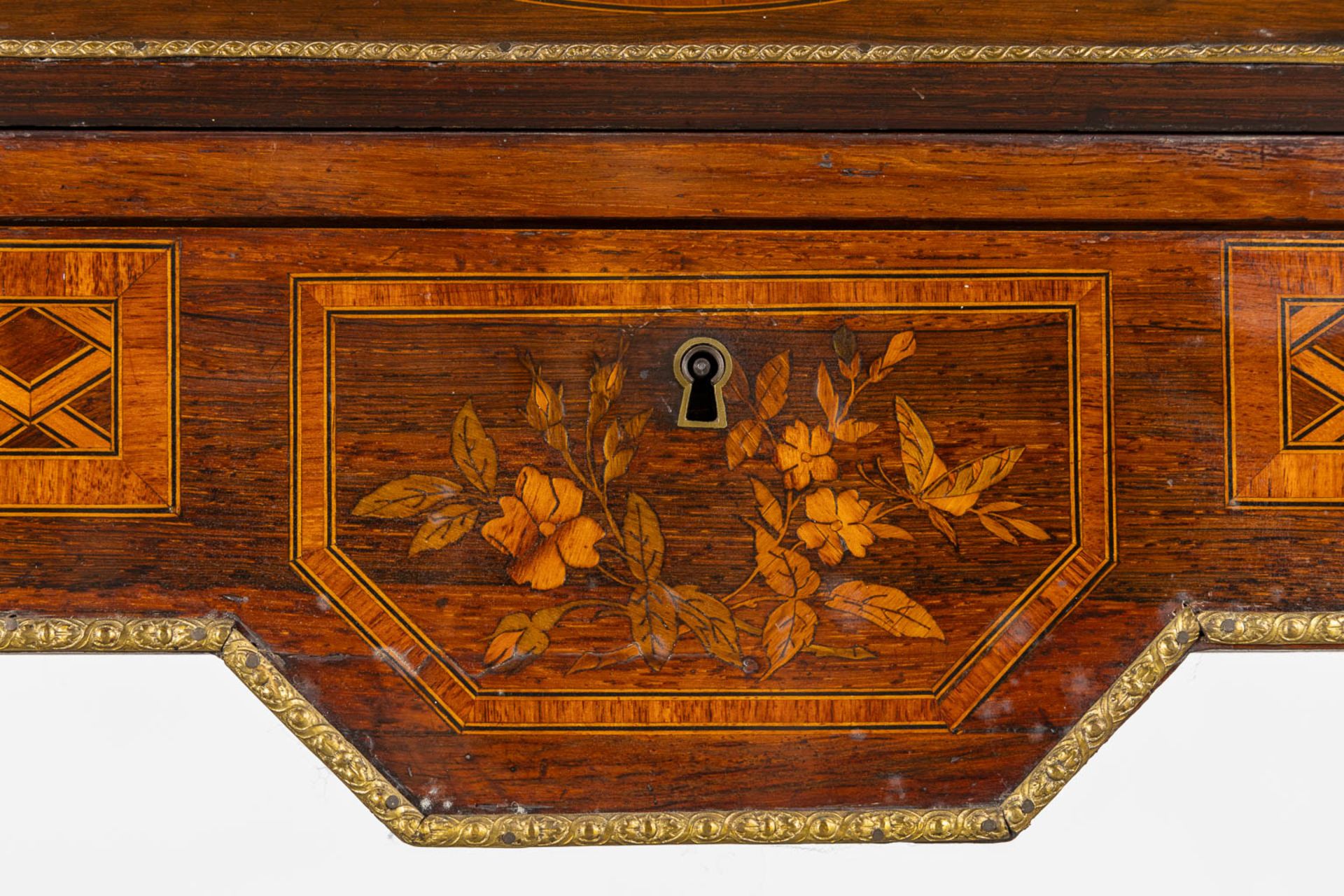 A secretary cabinet, marquetry inlay mounted with bronze in Louis XVI style. 19th C. (L:50 x W:75 x - Bild 13 aus 15