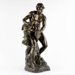 Anatole GUILLOT (1865-1911) 'Hunter with an eagle' patinated spelter. (L:38 x W:29 x H:78 cm)