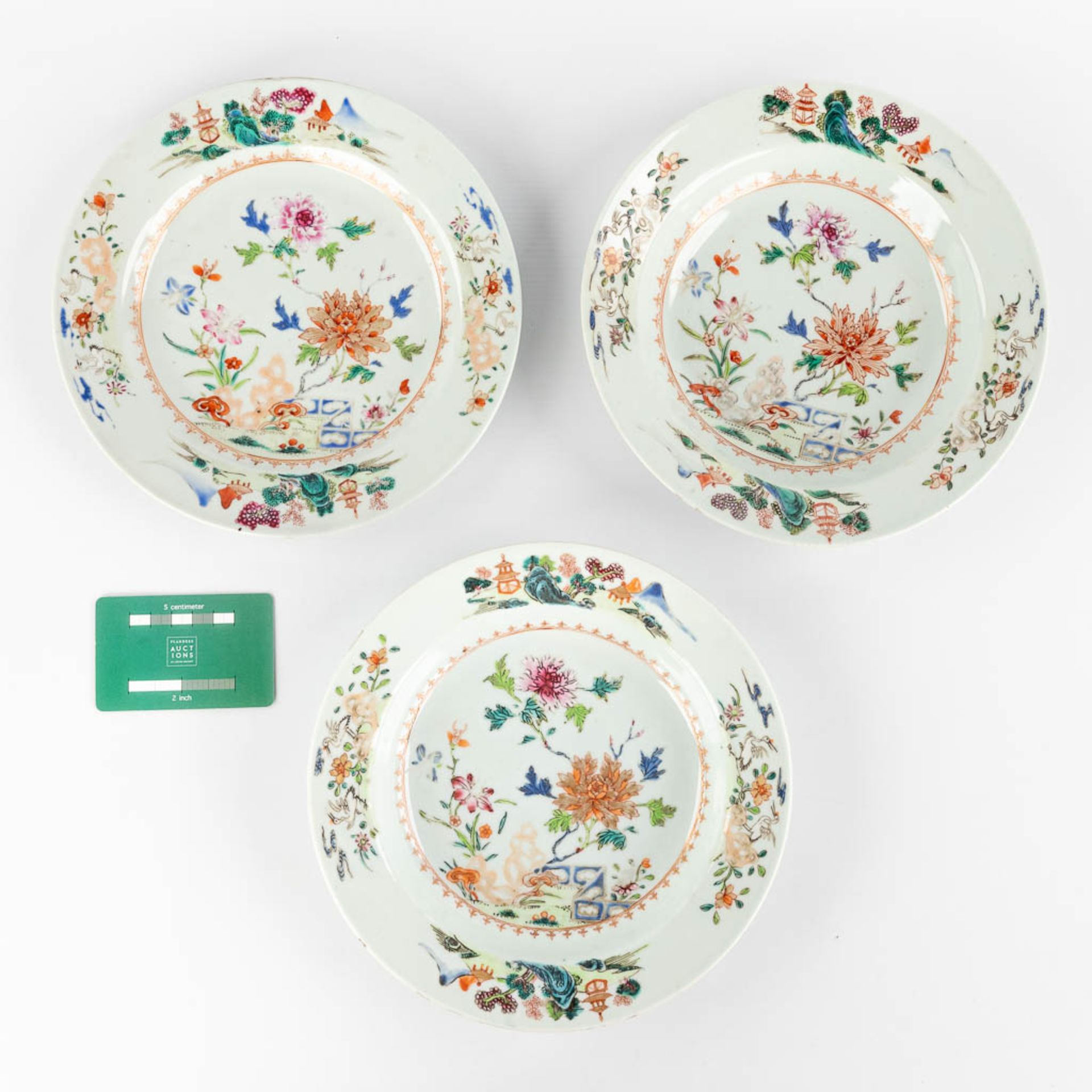 Three Chinese Famille Rose plates with a floral decor. 19th C. (D:22,5 cm) - Image 2 of 11