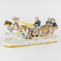 Scheibe-Alsbach, a horse drawn sled, polychrome porcelain. (L:17 x W:40 x H:19 cm)