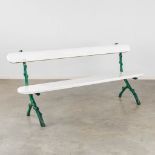 A white patinated garden bench on a cast-iron base. (L:51 x W:195 x H:83 cm)