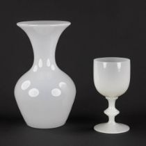 A vase and a chalice, white opaline glass. (H:25 x D:14 cm)