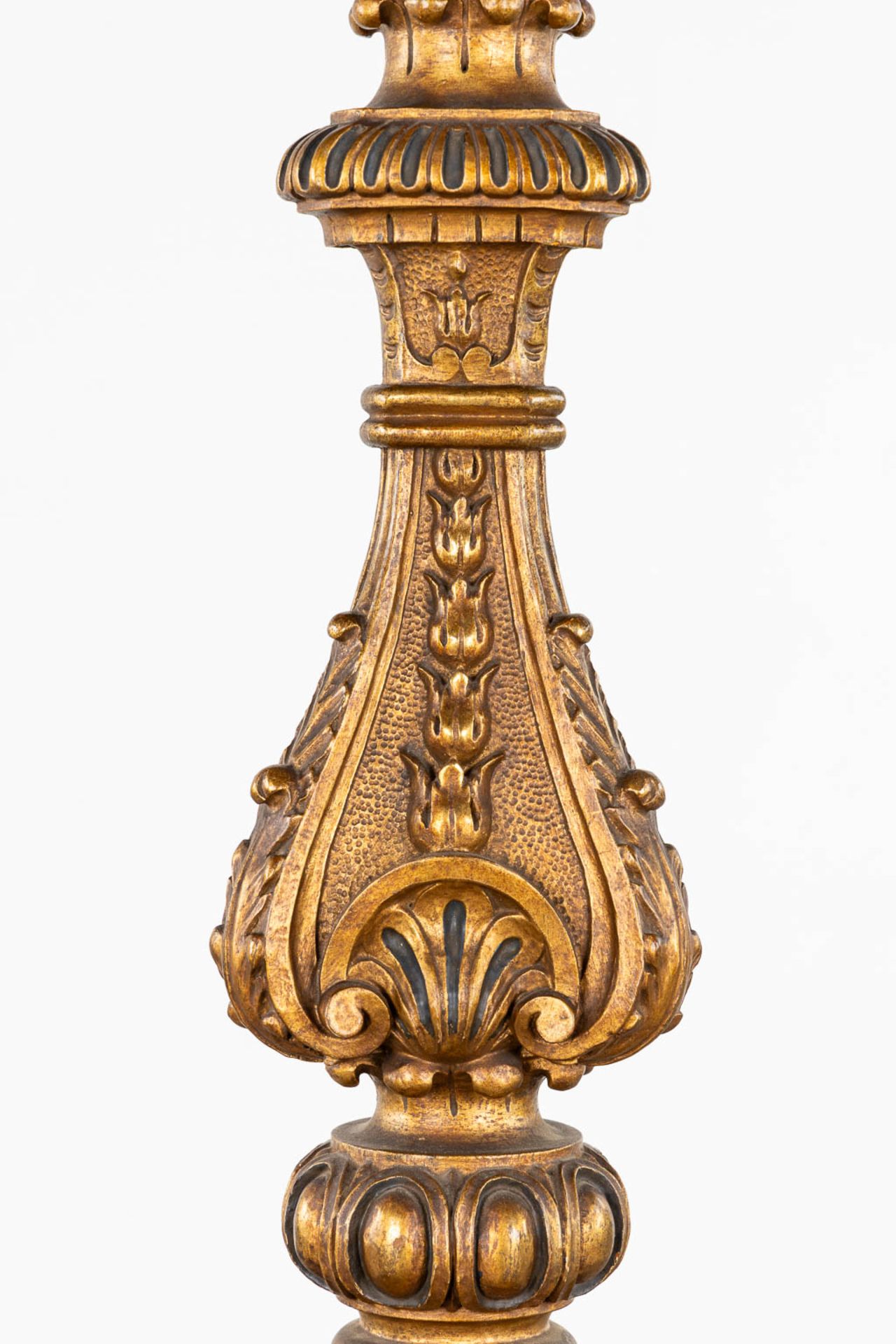 A richly sculptured and gilt wood pedestal. 19th C. (H:125 x D:40 cm) - Bild 8 aus 13