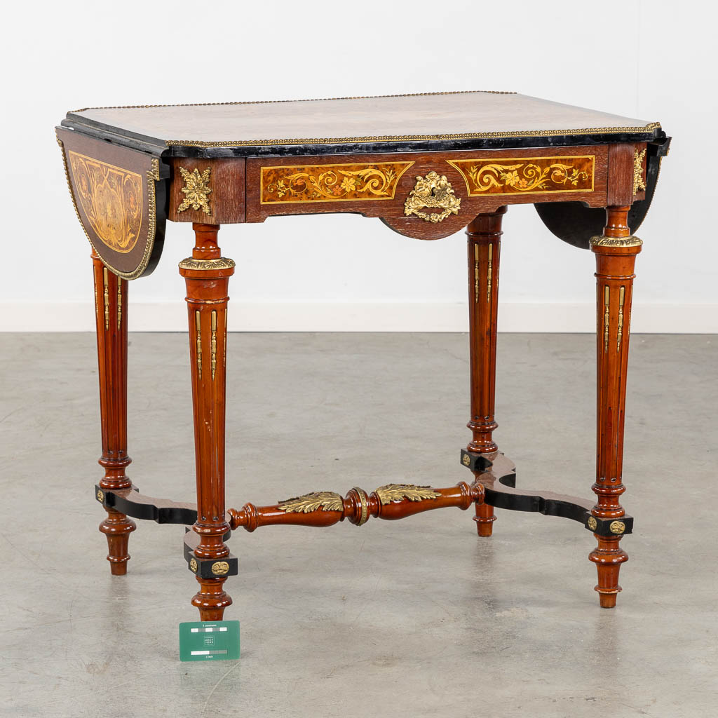 A side table/play table, marquetry inlay and mounted with bronze. 20th C. (L:57 x W:115 x H:74 cm) - Image 2 of 19