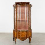 An antique display cabinet, marquetry inlay and curved glass. Circa 1900. (L:45 x W:83 x H:165 cm)