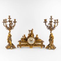 Lerolle Frres, Paris, An antique three piece mantle garniture, porcelain plaques, gilt bronze. Circ