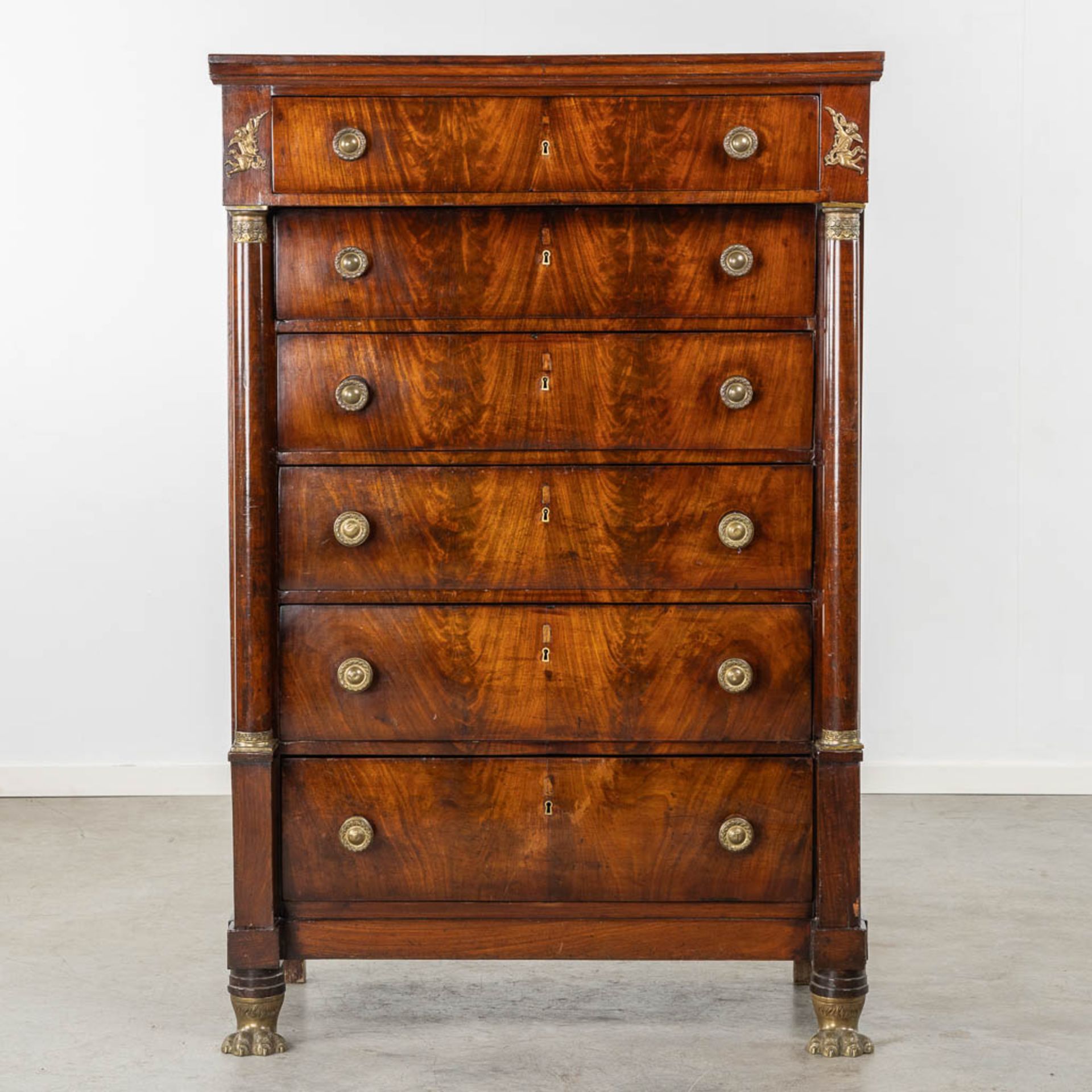 A 6-drawer cabinet, rosewood veneer mounted with bronze. Empire period, 19th C. (L:50 x W:100 x H:15 - Image 4 of 15