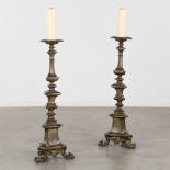 A pair of antique bronze candle holders, 18th C. (L:32 x W:32 x H:90 cm)