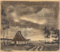 Emile VAN DOREN (1865-1949) 'Landscape with a farmhouse' pencil and charchoal on paper. (W:35 x H:30