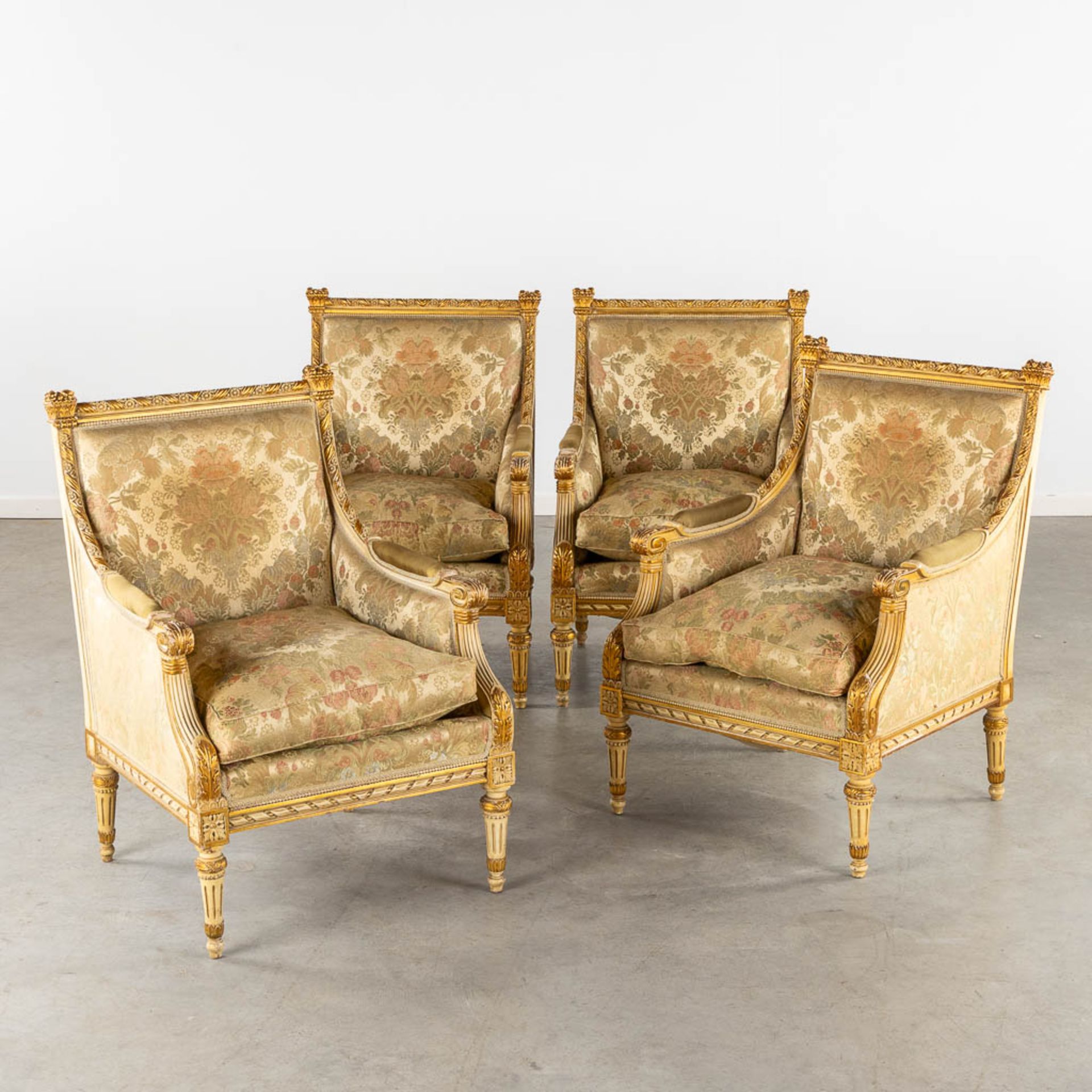 A set of 4 armchairs, sculptured and gilt wood in Louis XVI style. Circa 1920. (L:70 x W:67 x H:95 c