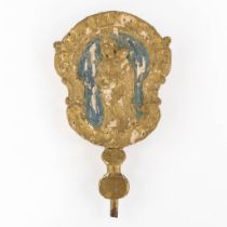 An antique procession staff finial, gilt and sculptured wood with an image of Madonna with child. 18