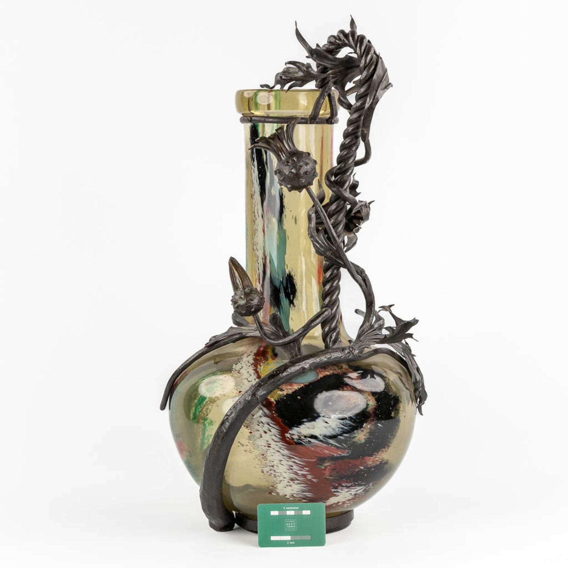 A glass vase mounted with sculptural cast iron, in the style of Louis Van Boeckel. (H:67 x D:33 cm) - Image 2 of 14