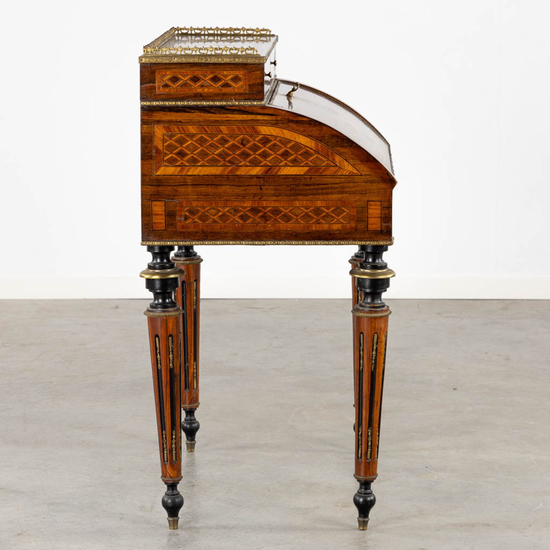 A secretary cabinet, marquetry inlay mounted with bronze in Louis XVI style. 19th C. (L:50 x W:75 x - Bild 9 aus 15