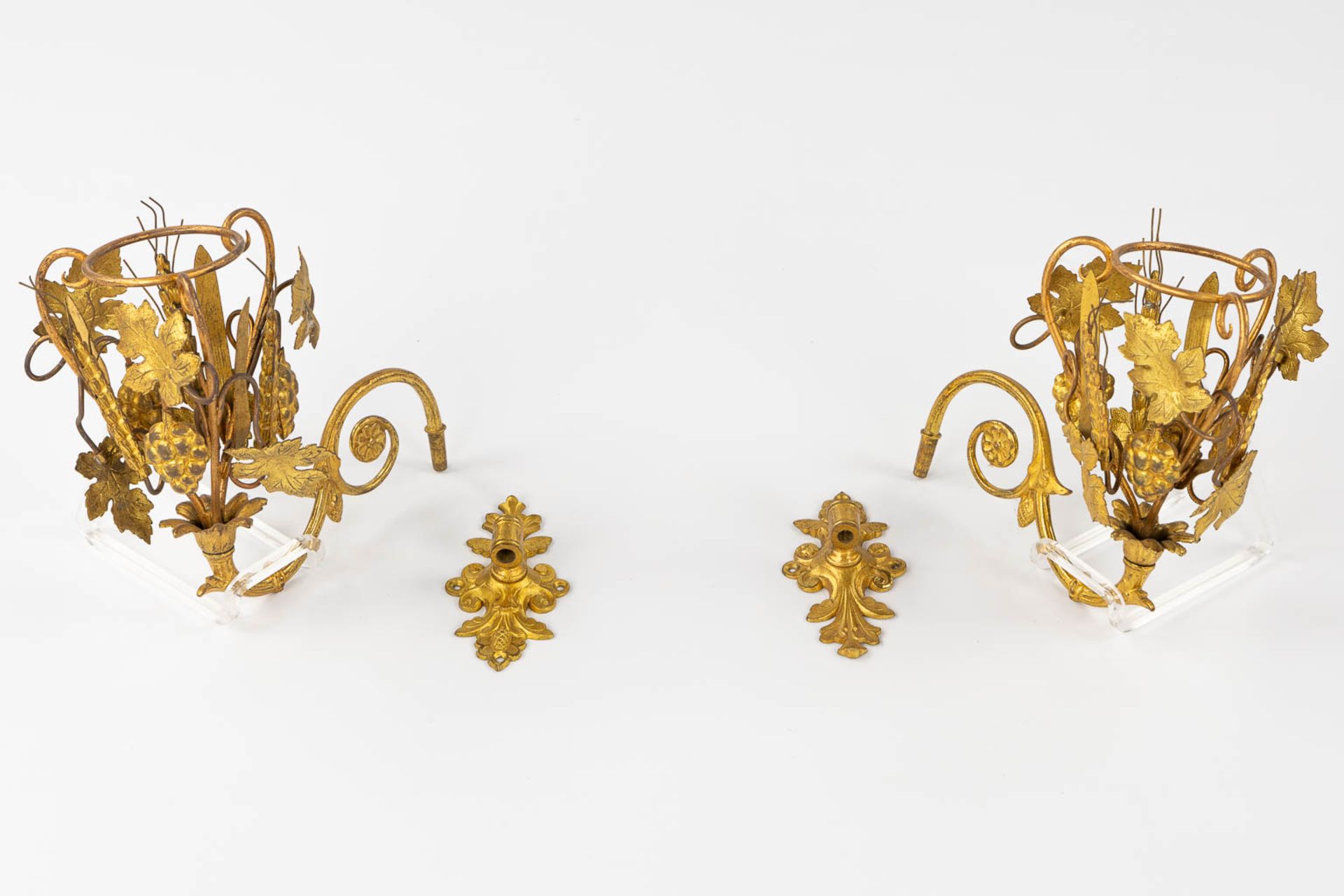 Two pairs of Church Candelabra and a pair of wall-mounted candelabra, Gilt metal decorated with whea - Image 3 of 16