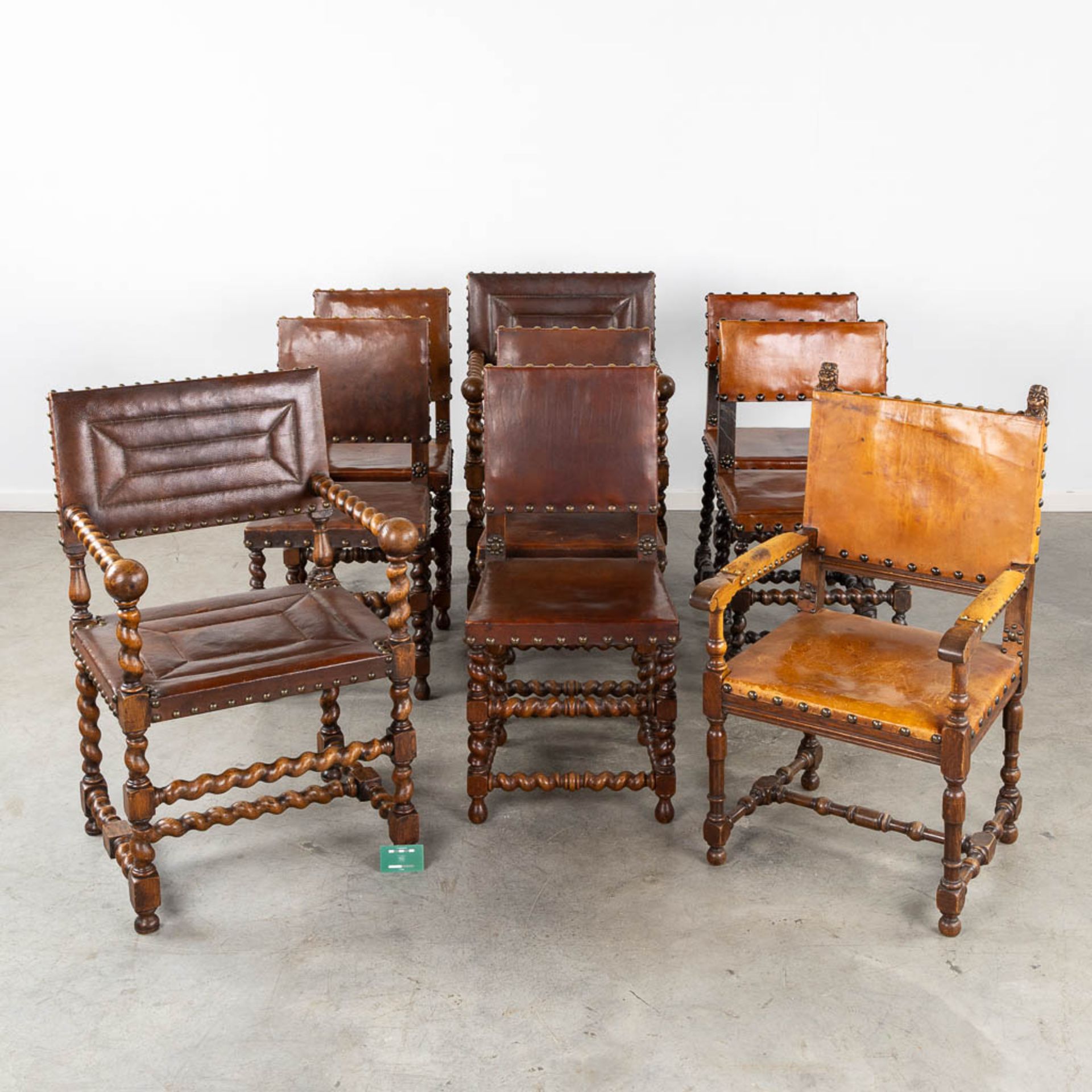 An assembled collection of chairs and armchairs, wood and leather. 9 pieces. (L:56 x W:59 x H:94 cm) - Bild 2 aus 21