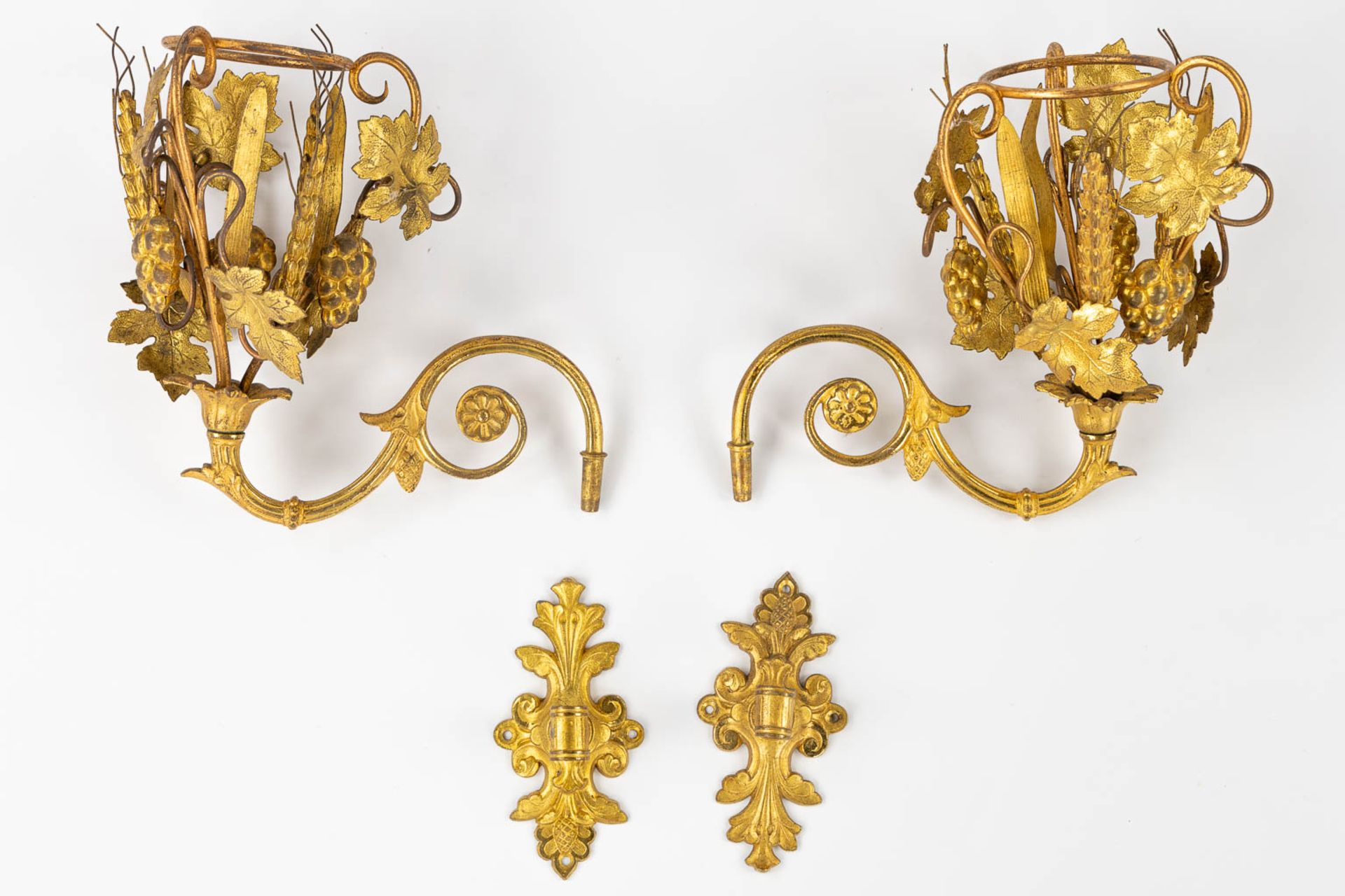 Two pairs of Church Candelabra and a pair of wall-mounted candelabra, Gilt metal decorated with whea - Image 4 of 16