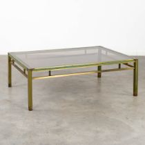 A mid-century coffee table, brass and glass in the style of Belgo Chrome. (L:88 x W:128 x H:43 cm)