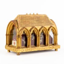 An antique reliquary box, gilt wood in a gothic revival style with relics. Late 19th C. (L:15 x W:29