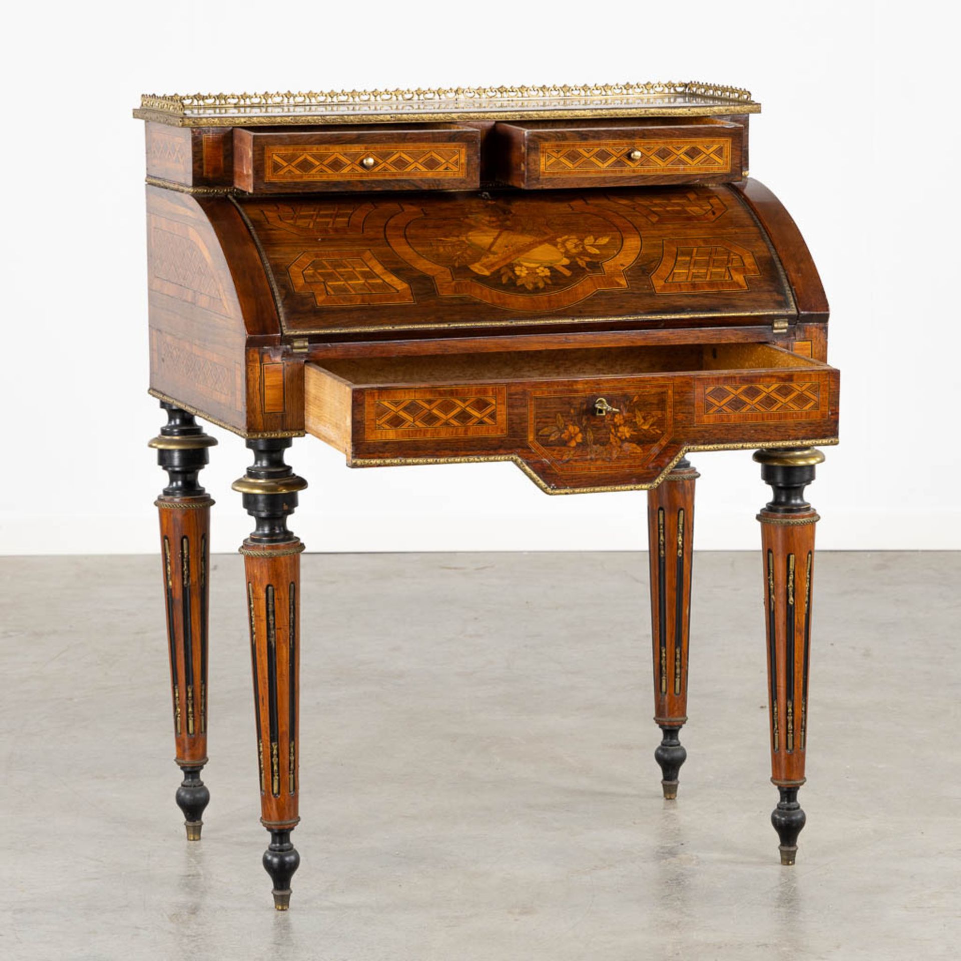 A secretary cabinet, marquetry inlay mounted with bronze in Louis XVI style. 19th C. (L:50 x W:75 x - Bild 4 aus 15