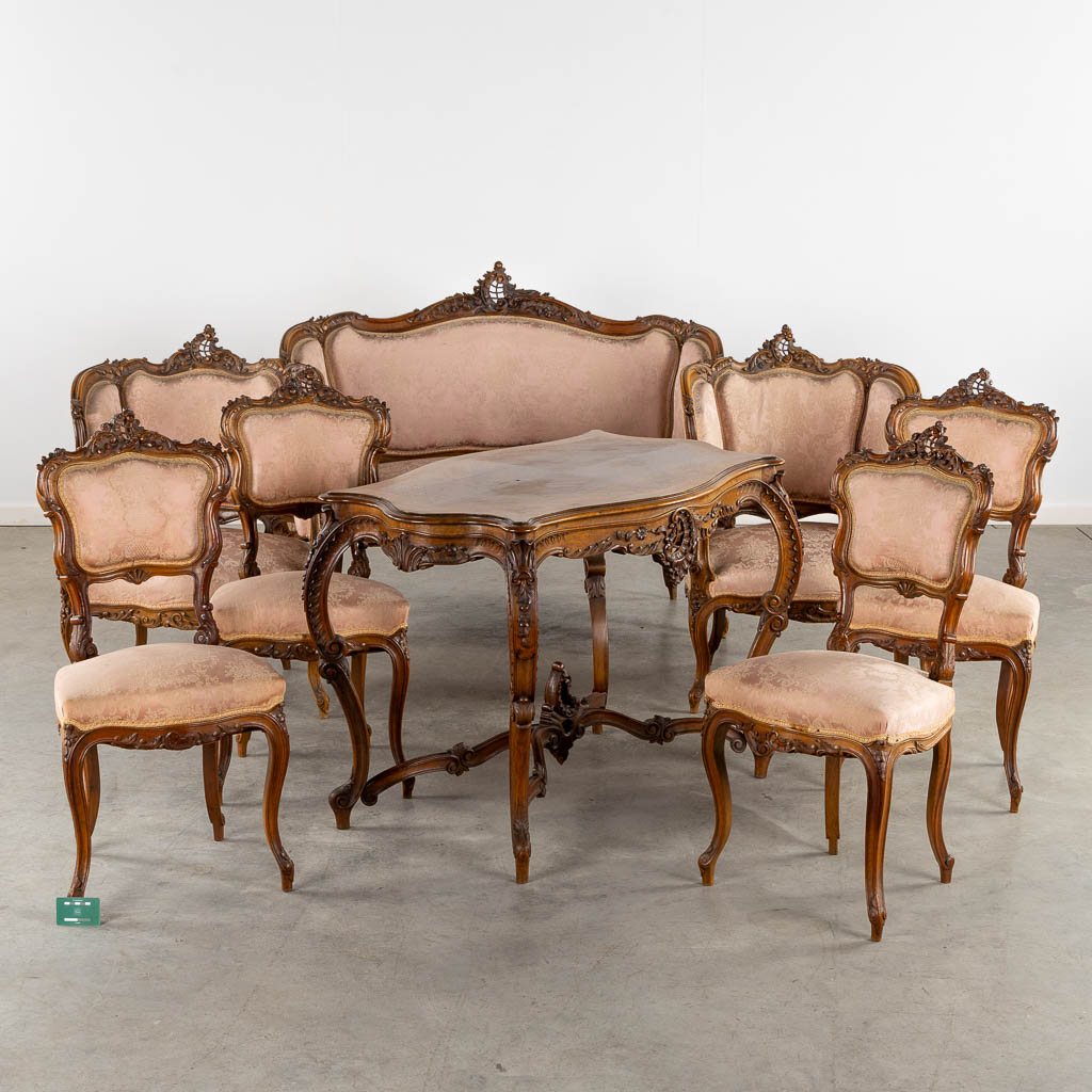 An 8-piece salon suite, sculptured wood in Louis XV style. Circa 1900. (L:67 x W:135 x H:103 cm) - Image 2 of 33
