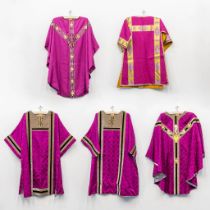 Five modern chasubles, mostly purple with matching stola.