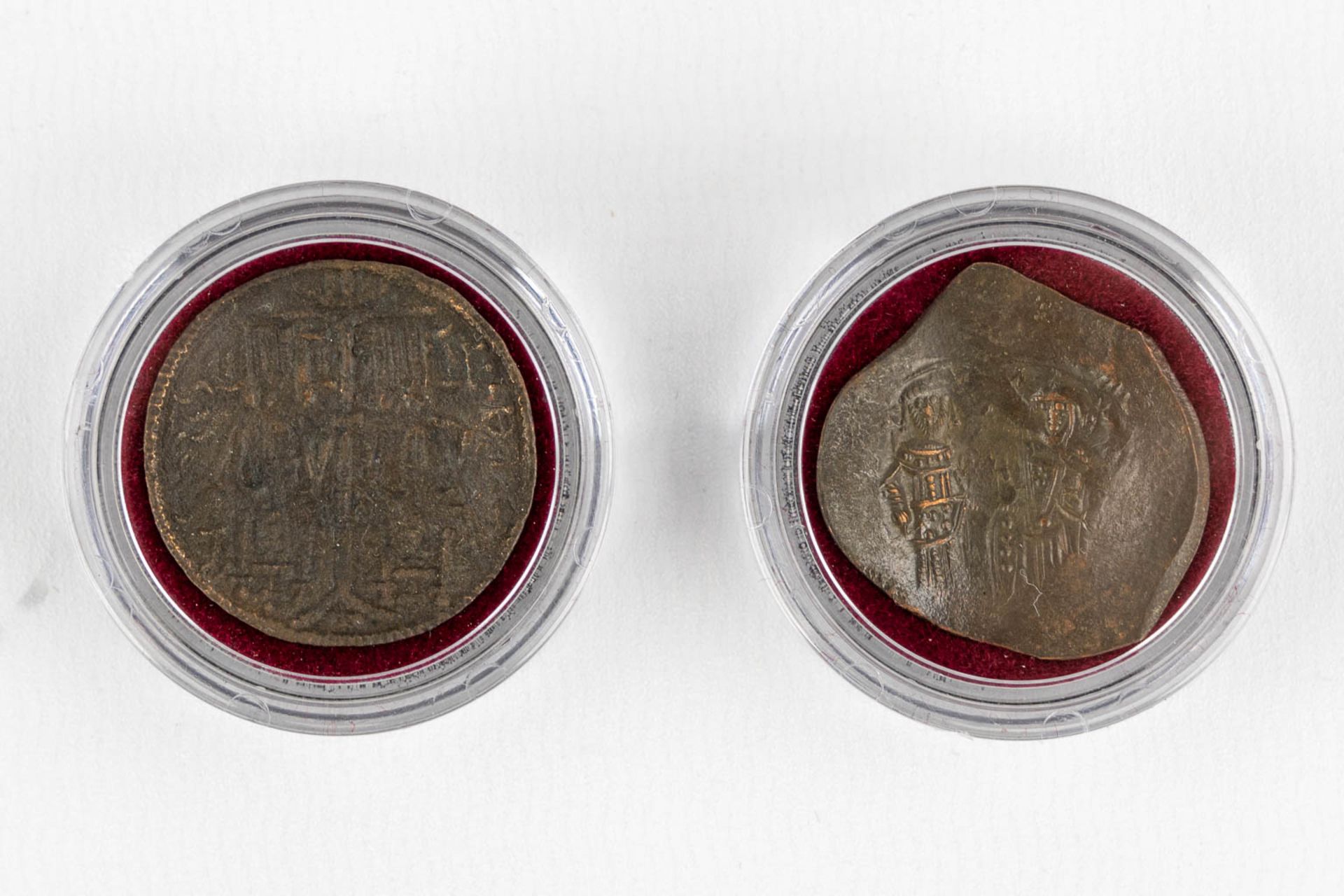 Three antique coins: Byzantine Aspron Trachea, Hongarian Denar, Ghent Emergency money (1914). - Image 10 of 12