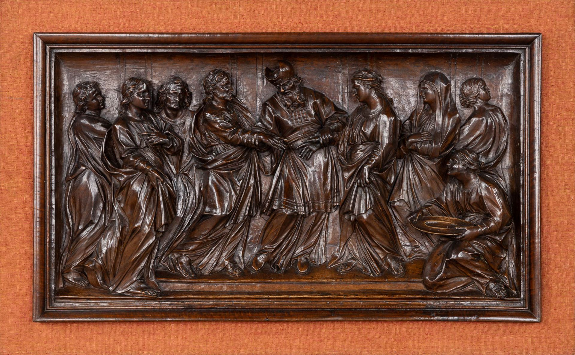 An antique walnut sculptured scne, 'The Presentation of Our Lady in the temple'. 18th C. (W:114 x H - Image 3 of 8