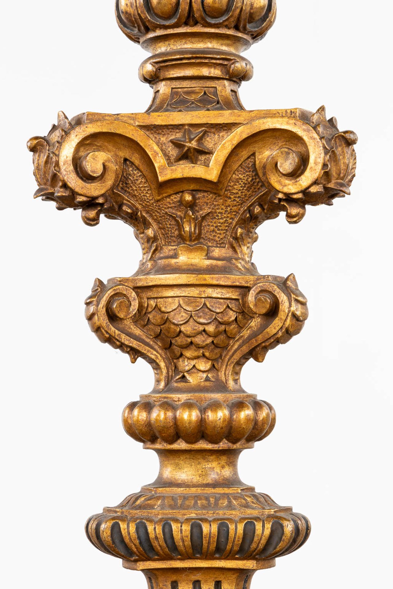 A richly sculptured and gilt wood pedestal. 19th C. (H:125 x D:40 cm) - Bild 7 aus 13