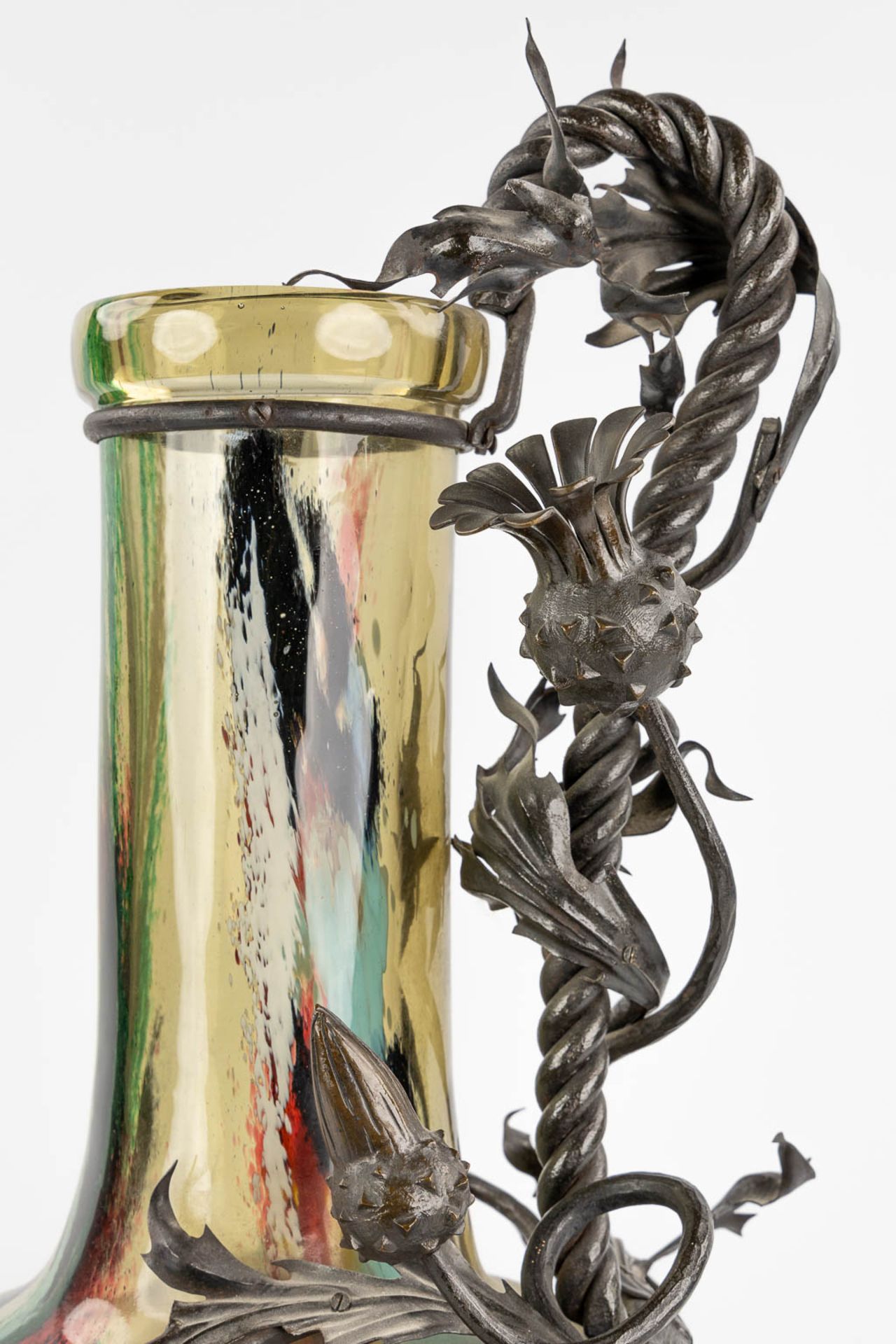 A glass vase mounted with sculptural cast iron, in the style of Louis Van Boeckel. (H:67 x D:33 cm) - Image 7 of 14