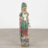 A large sculptured figurine of Guanyin, polychrome. (L:18 x W:24 x H:94 cm)