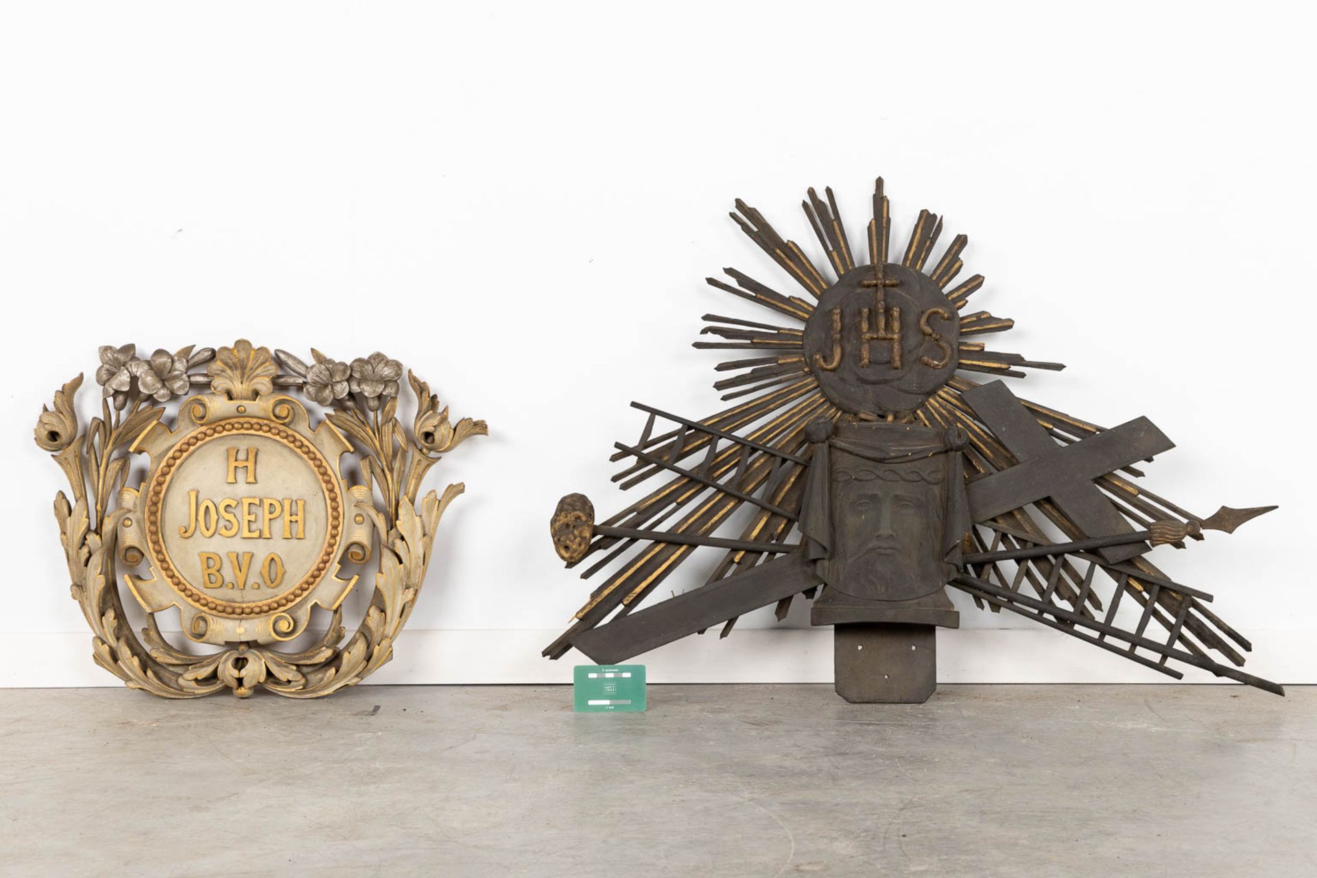 A pair of religious wood sculptures, Joseph B.V.O &amp; IHS with Veil of Veronica, sunbursts. (W:89 - Image 2 of 7