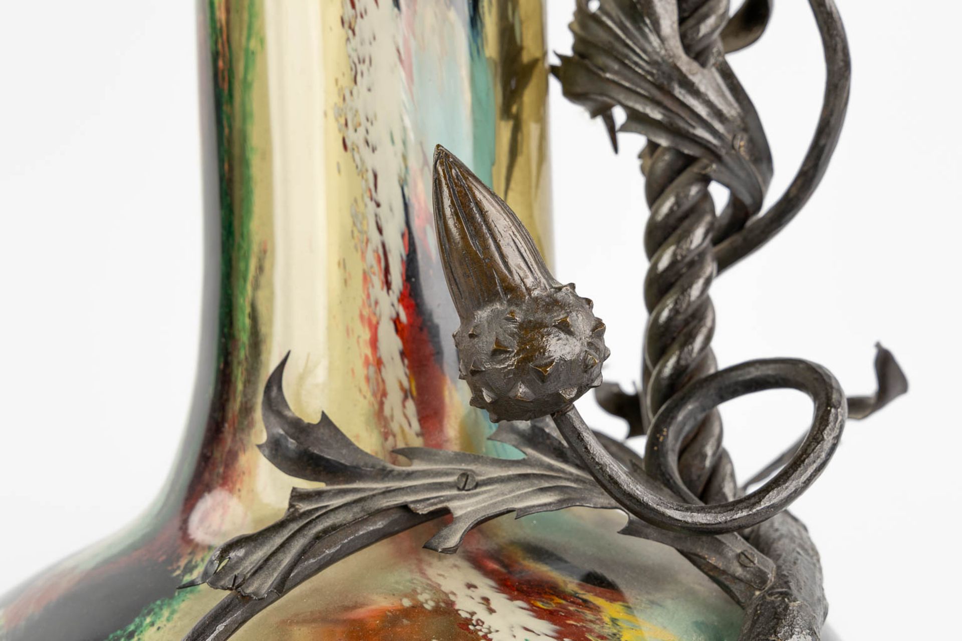 A glass vase mounted with sculptural cast iron, in the style of Louis Van Boeckel. (H:67 x D:33 cm) - Image 8 of 14