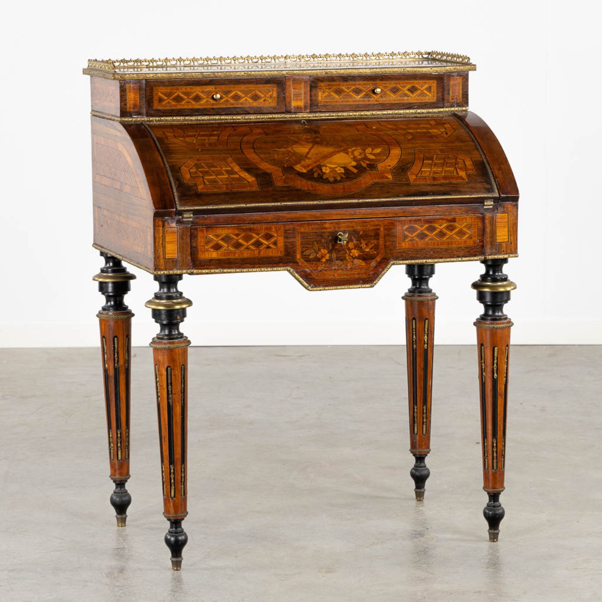 A secretary cabinet, marquetry inlay mounted with bronze in Louis XVI style. 19th C. (L:50 x W:75 x - Bild 3 aus 15