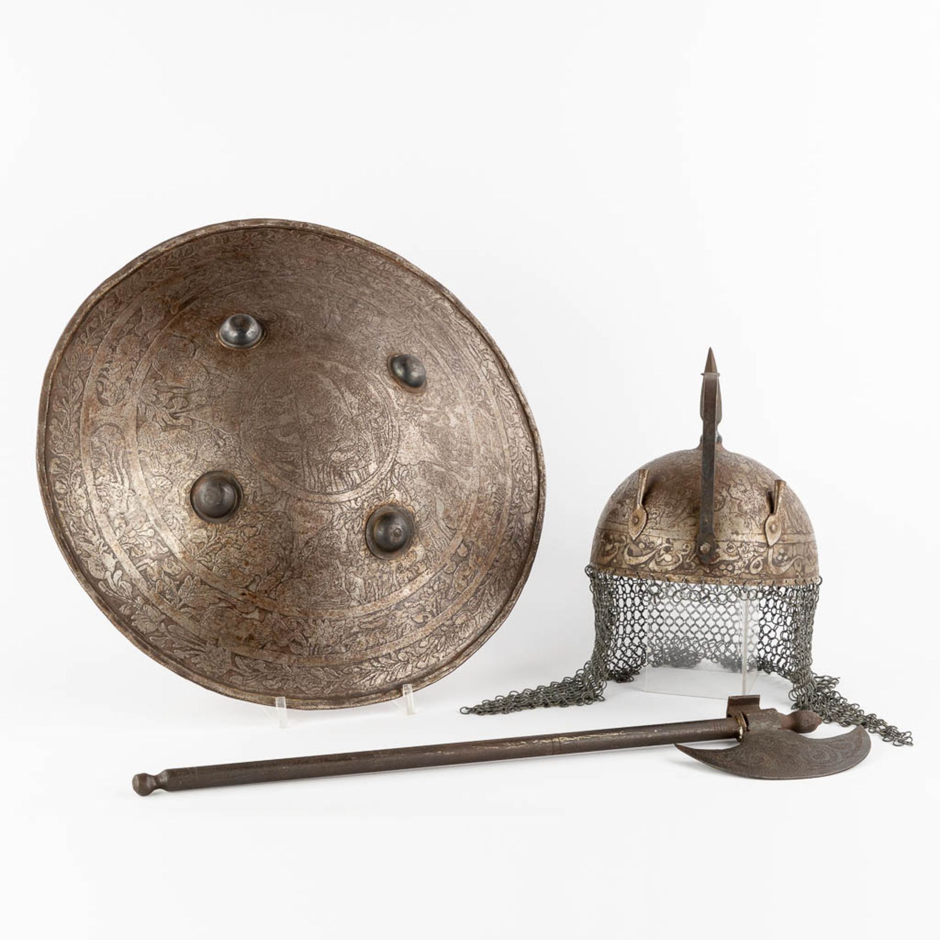 A decorative shield, axe and helmet in Ottoman style. 20th C. (D:48 cm)