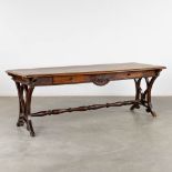 An antique desk/table with sculptures and a drawer, oak. 19th C. (L:77 x W:217 x H:76 cm)