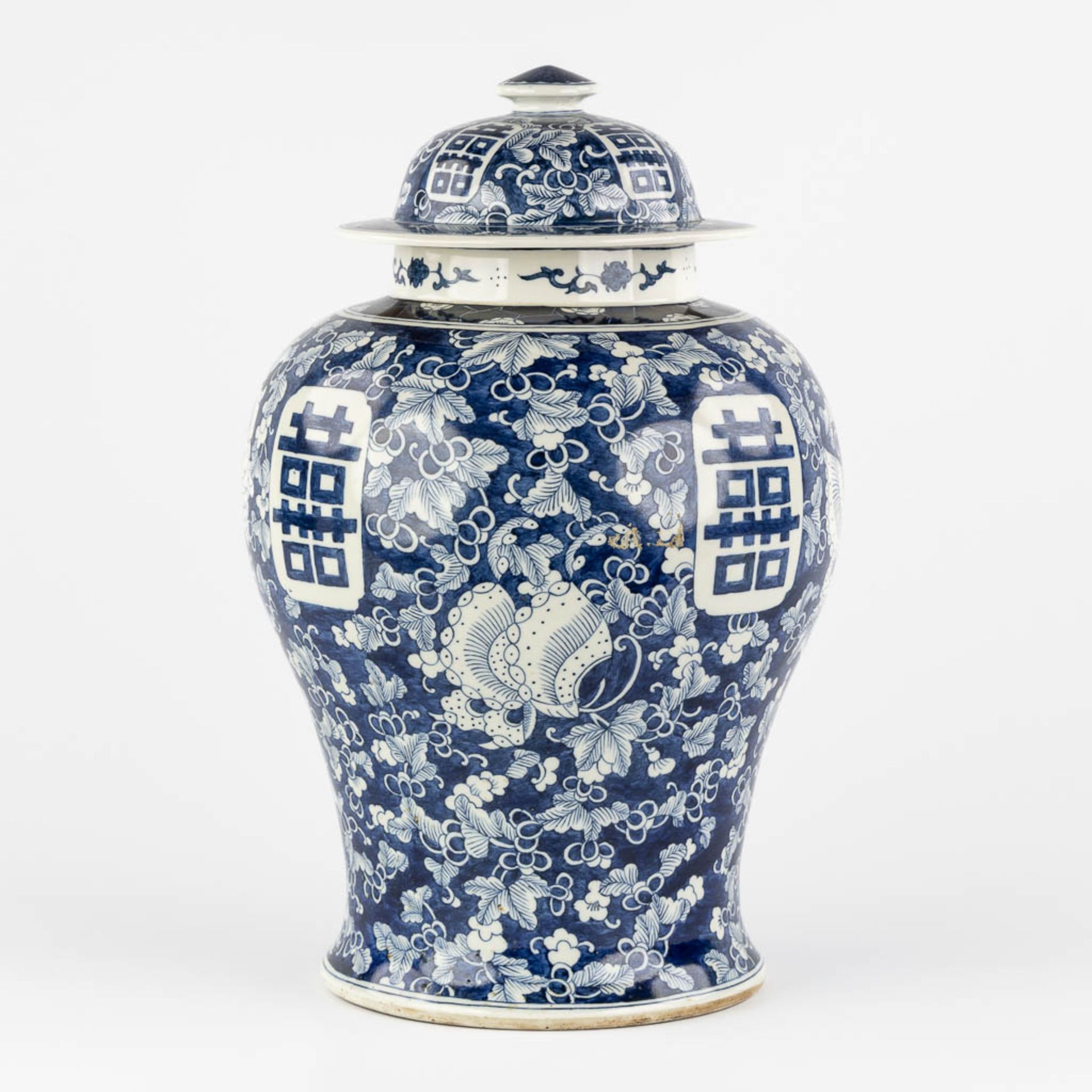 A Chinese baluster vase, blue-white with a Prunus decor and double XI sign. 19th/20th C. (H:42 x D:2 - Image 5 of 17