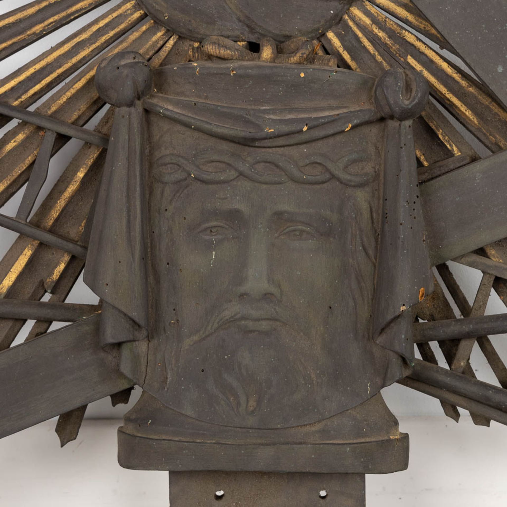 A pair of religious wood sculptures, Joseph B.V.O &amp; IHS with Veil of Veronica, sunbursts. (W:89 - Image 7 of 7