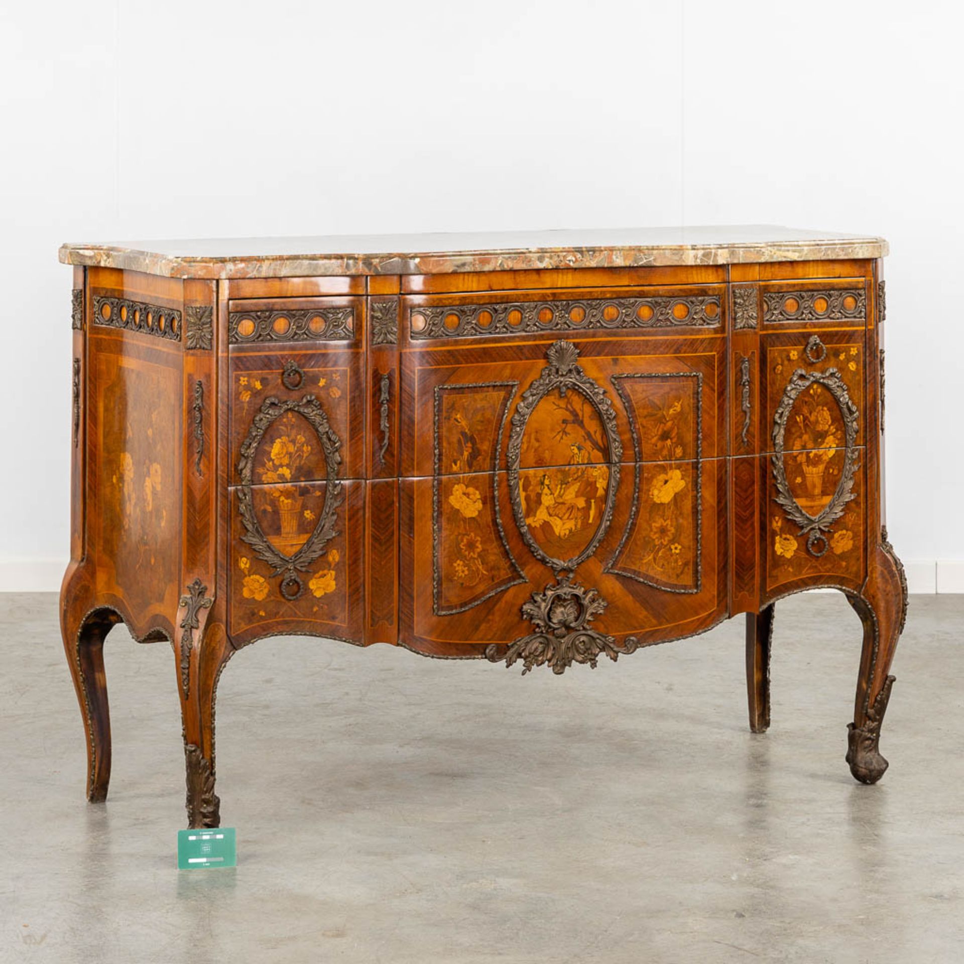A commode with a marble top, marquetry inlay and mounted with bronze. Louis XVI style. (L:51 x W:131 - Bild 2 aus 18