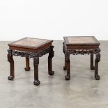 A pair of square Chinese side tables, hardwood with a marble top. (L:44 x W:44 x H:46 cm)