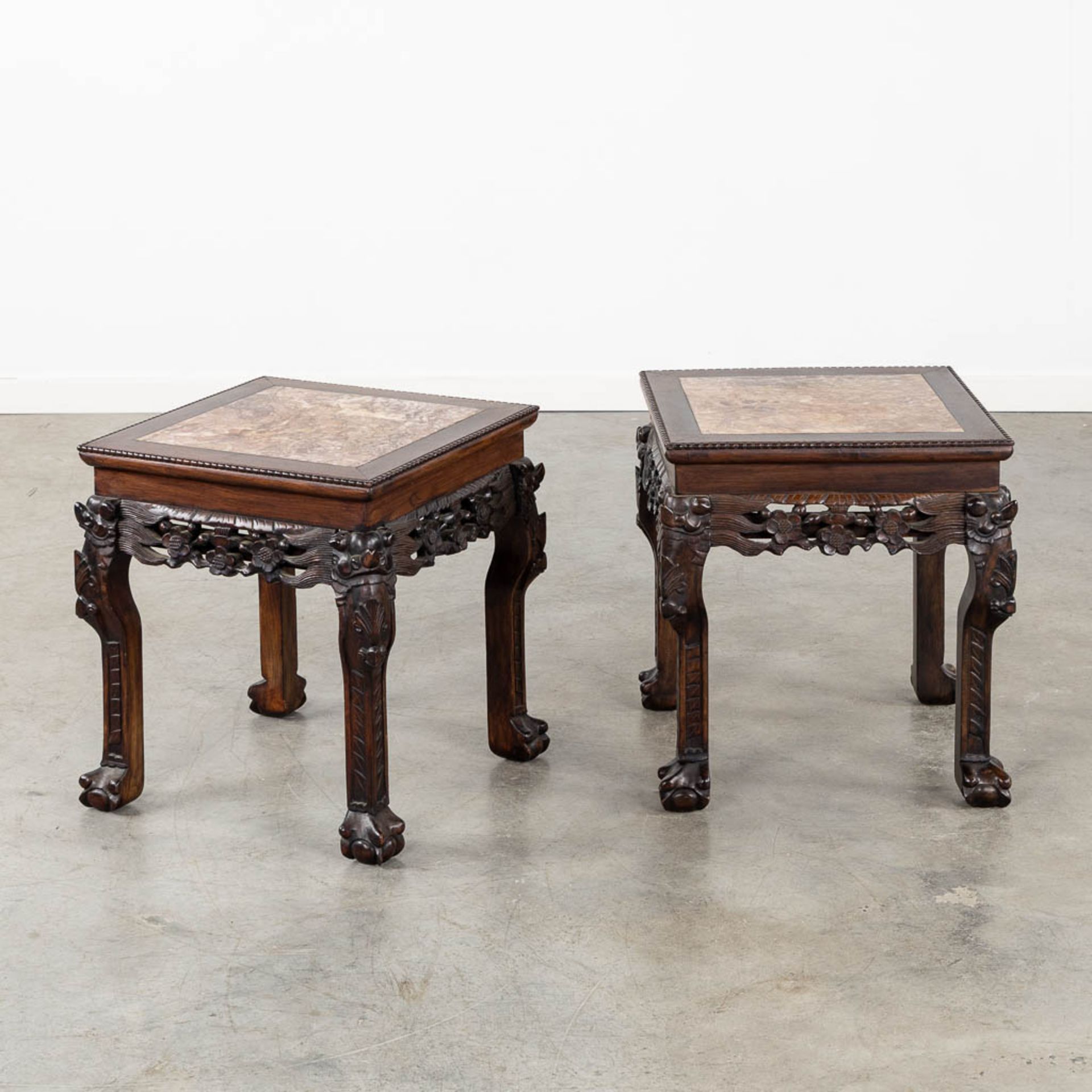 A pair of square Chinese side tables, hardwood with a marble top. (L:44 x W:44 x H:46 cm)