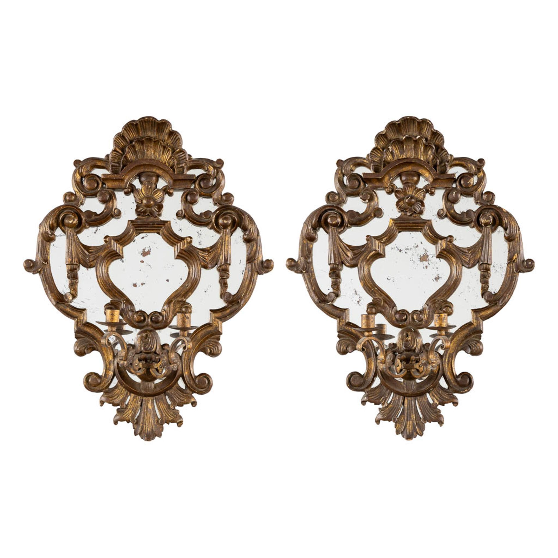 A pair of antique Italian and wood-sculptured wall lamps with mirror's. 19th C. (L:13 x W:41 x H:51