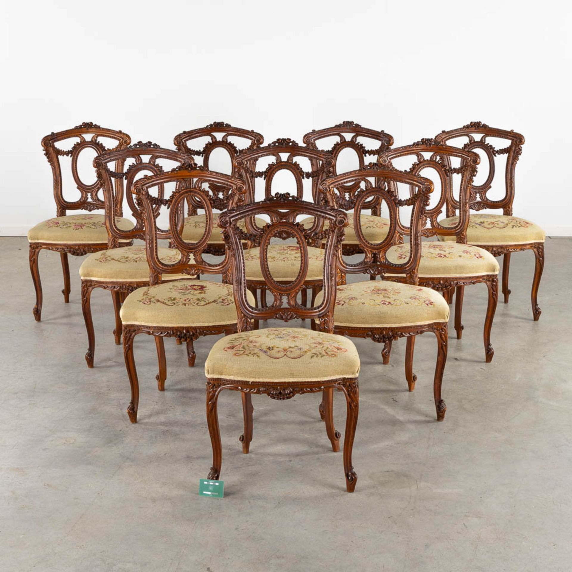 An exceptional set of 10 chairs, finely sculptured wood and embroideries in Louis XVI style. (L:51 x - Bild 2 aus 19