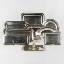 A collection of 9 serving trays, silver plated metal. Various makers. (L:22 x W:46 cm)