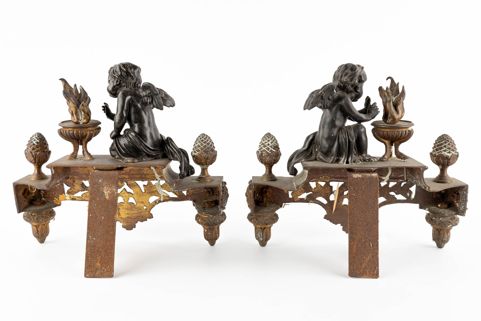 A pair of bronze fireplace andirons, gilt and patinated bronze, Louis XVI style. Circa 1900. (W:30 x - Image 5 of 10