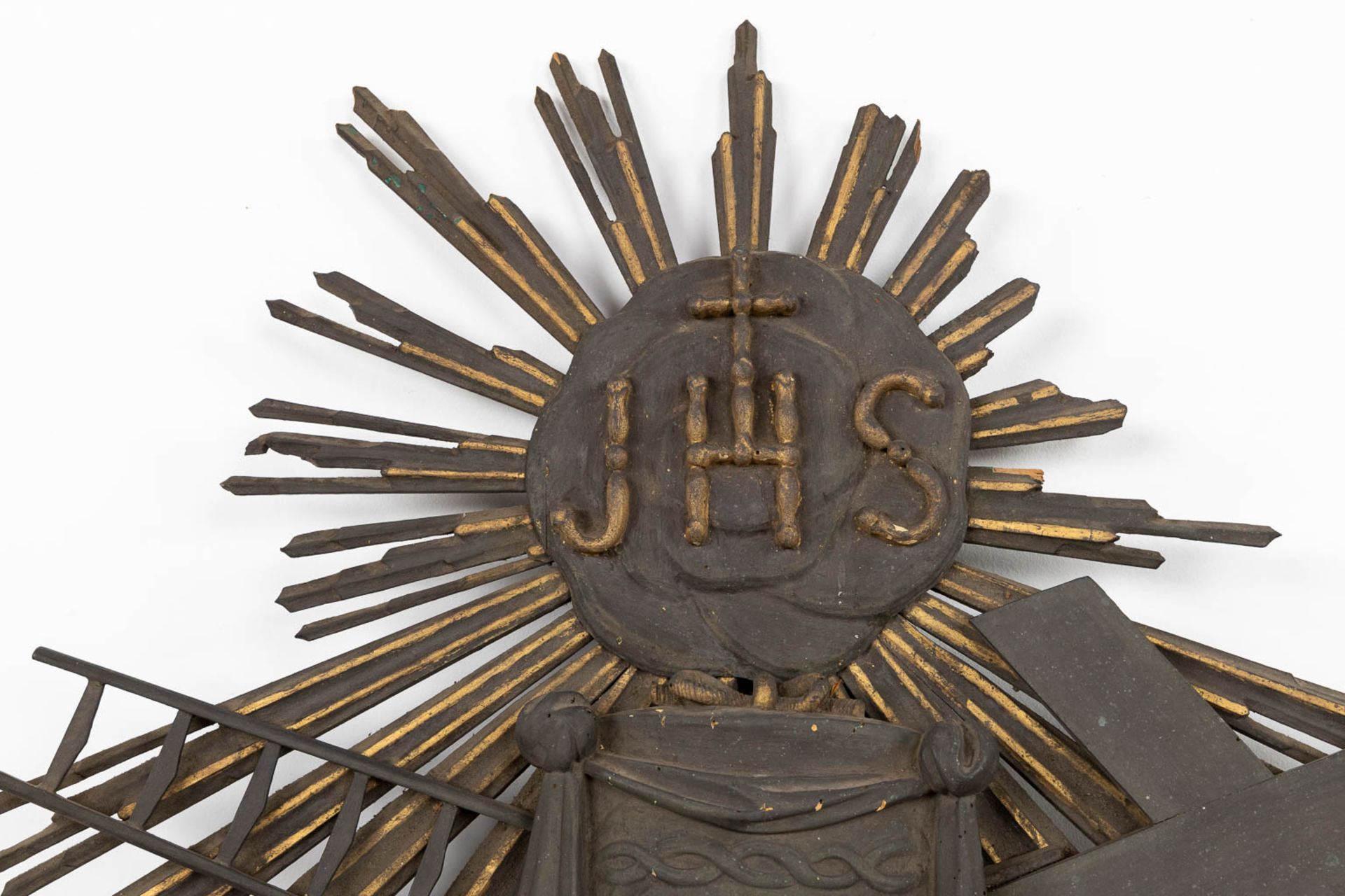 A pair of religious wood sculptures, Joseph B.V.O &amp; IHS with Veil of Veronica, sunbursts. (W:89 - Image 6 of 7