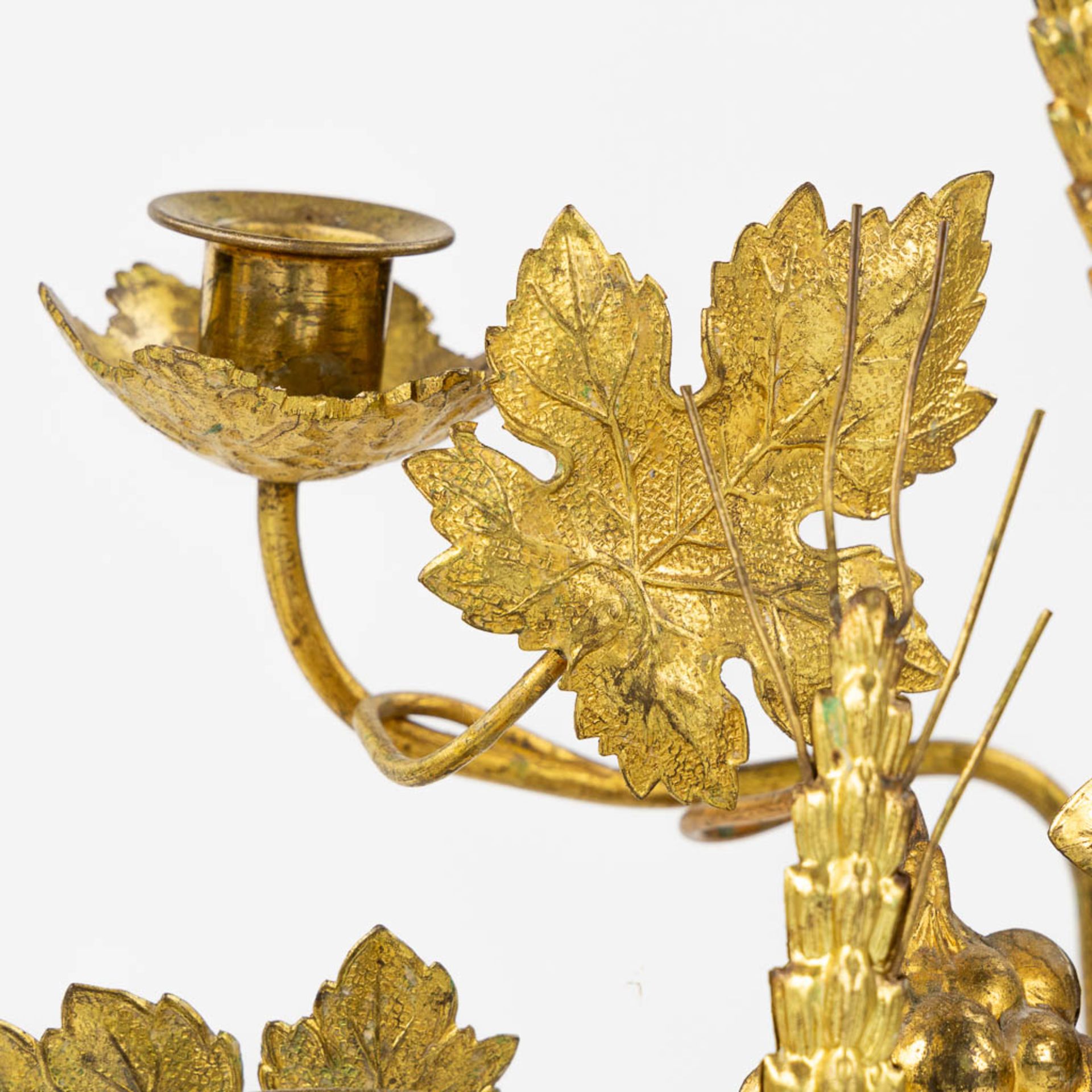 Two pairs of Church Candelabra and a pair of wall-mounted candelabra, Gilt metal decorated with whea - Image 12 of 16