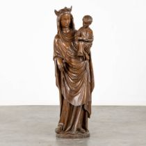 An antique wood-sculptured figurine of a crowned Madonna with a Child. Gothic Revival, 19th C. (L:26